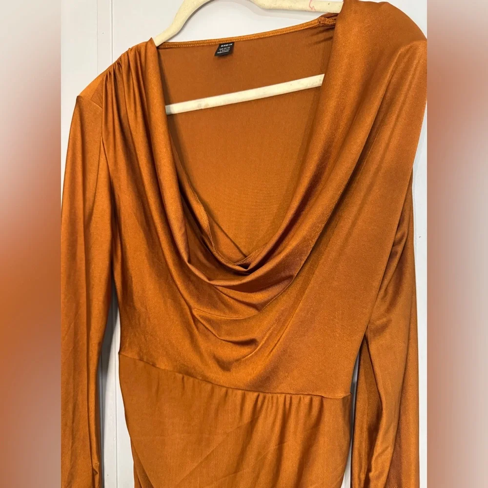 SHEIN Brown Ruched Bodycon Dress Cowl Neck Sleeveless - Picture 7 of 7